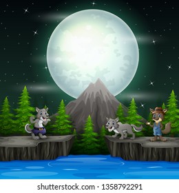 Night landscape with three wolves on the rocks