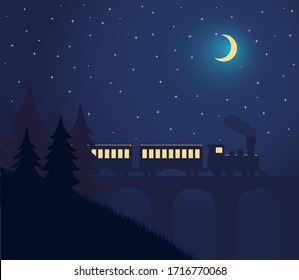 Night Landscape With a Train Traveling Over a Bridge, Mountains and Forest and Starry Sky
