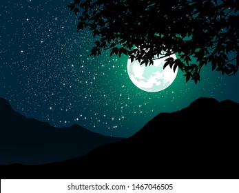 night landscape with tree branches silhouette and the moon in starry night