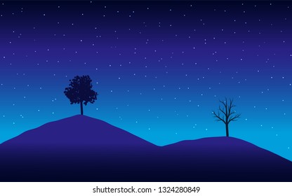 Night landscape with tree, dry tree on mountain. Vector illustration