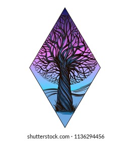 Night landscape with a tree. Magic forest. Vector illustration isolated on white background for posters, stickers and much more.