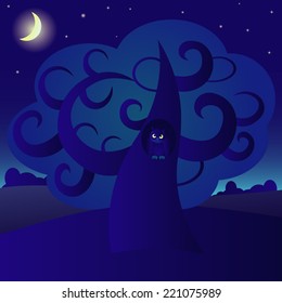 Night landscape with tree and owl
