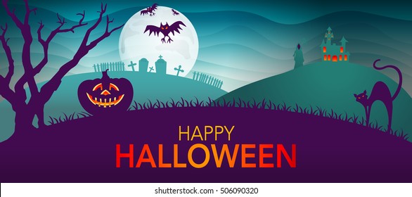 Night landscape with tree, pumpkin, cat and haunted house - Halloween background