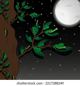 A night landscape with a tree whose leaves are eaten by caterpillars, green caterpillar, the moon and stars in the sky.