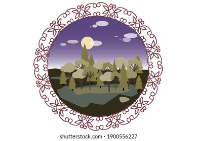 Night landscape with trees, clouds and moon in openwork frame