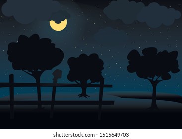 night landscape, trees, fence, moon shines. flat design adapted for web sites and mobile applications. vector image.