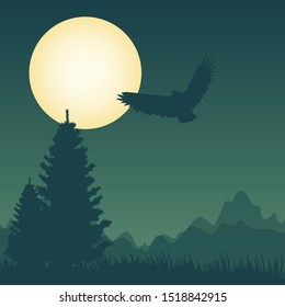 Night landscape: trees, moon, mountains  bird. vector illustration