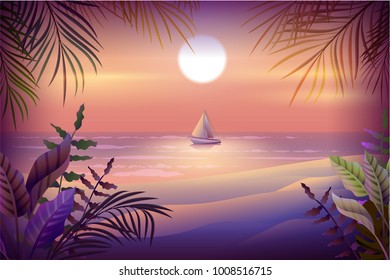 Night landscape of tropical island. Palm trees, beach, sea and sailboat. Vector nature illustration