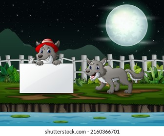 Night landscape with two wolves by the lake