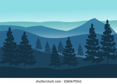 Night landscape vector background. Beautiful geometric illustration. Realistic vector illustration of nature landscape with forest, mountains, pines, and sky with rising sun. Silhouette landscape.