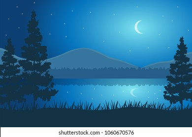 Night landscape vector background. Beautiful geometric illustration. Realistic vector illustration of nature landscape with forest, mountains, pines, river/lake, moon and stars. Silhouette landscape.