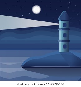 Night landscape vector background. Beautiful geometric illustration. Realistic vector illustration view of nature landscape with fog, lighthous/beacon, stars, island, sea.. Silhouette landscape.