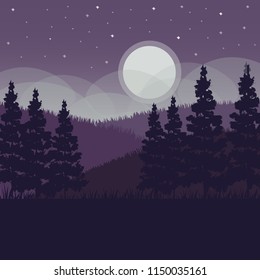 Night landscape vector background. Beautiful geometric illustration. Realistic vector illustration view of nature landscape with forest, mountains, pines, moon and stars. Silhouette landscape.