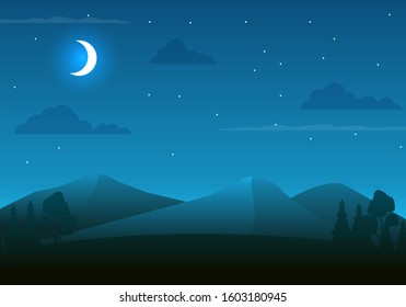 Night landscape vector illustration with blue color. Night landscape background 