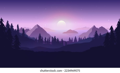 Night landscape vector illustration - Dark nature scene with full moon hanging low in background, with purple, lilac and black colours