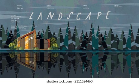 Night landscape. Vector illustration of an evening coniferous forest with a house, lake, spruce, river, view. Watercolor drawing for banner, background or poster