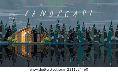 Night landscape. Vector illustration of an evening coniferous forest with a house, lake, spruce, river, view. Watercolor drawing for banner, background or poster