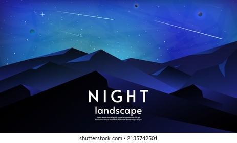 Night landscape. Vector illustration. Flat style. Mountains with dark blue starry sky with moon and comets. Design for wallpaper, poster, template, tourism or business, greeting card.