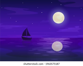 Night landscape vector illustration. Sea at night. Moon.
