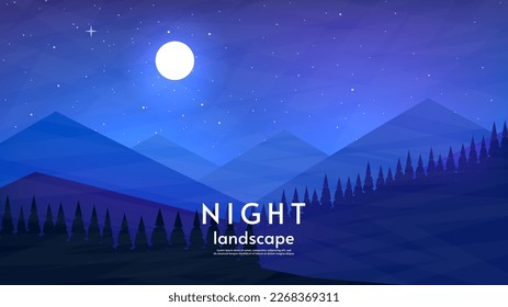 Paisaje nocturno. Ilustración vectorial. Cielo con estrellas y luna. Bosque con colinas y montañas. Diseño para fondo de pantalla, portada, álbum, afiche, banner, plantilla de invitación. Ilustración de estilo plano.