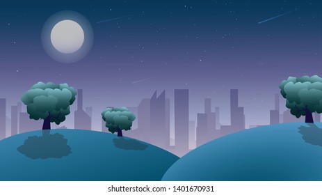 Night Landscape View, Cartoon Vector, Moonlight, Starlight, Calm Ambience
