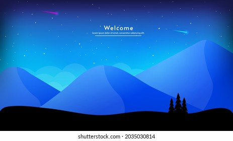 Paisaje nocturno. Vista de campo a montaña. Valle de silueta vectorial y bosque. Luces nocturnas, cometas y estrellas en el cielo. Ilustración vectorial. Dibujo de 2d estilo. 