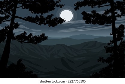 Vista del paisaje nocturno con luna llena, montañas y árboles en silueta. Ilustración de la naturaleza del vector