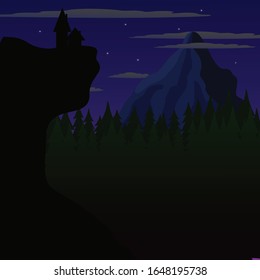 night landscape view of a mountain with trees, houses and sky decorated with stars and clouds.landscape vector illustration