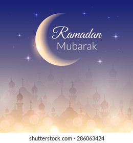 Night landscape wallpaper with mosques and lights, moon, stars. Vector background for holy month of muslim community Ramadan Kareem celebration