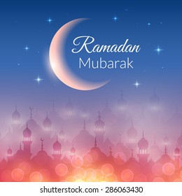 Night landscape wallpaper with mosques and lights, moon, stars. Vector background for holy month of muslim community Ramadan Kareem celebration