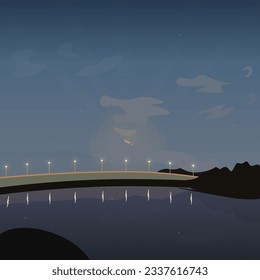 Night Landscape Water River Moonlight Stars Magic Bridge Lights Vector Design