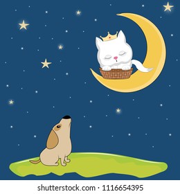 Night landscape where cute dog sitting on the ground and in looks at the kitty. Sweet kids graphics for t-shirts. Greeting card.