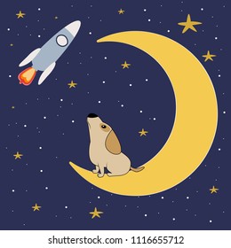 Night landscape where cute dog sitting on moon. Sweet kids graphics for t-shirts. Greeting card.