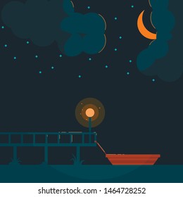 Night landscape width moon under the cloud flat vector. Berth width boat. Reflex light from the lantern. Starry night sky.