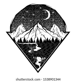 
Night landscape. Wildlife. Mountains, forest, river and red deer on the background of the moon and the starry sky. Black tattoo. December 11th. Vector illustration.