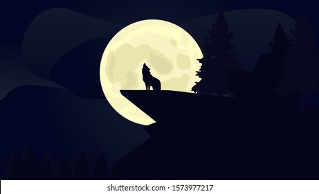 Night Landscape, with Wolf on the Cliff at Full Moon