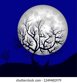 Night landscape with a wolf and a tree. Vector
