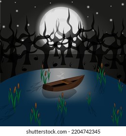 Night landscape with wooden boat on the lake with reed, moon, stars and forest with bare tree.