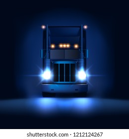 Night large classic big rig semi truck with headlights and dry van semi riding on the dark night background front view, vector illustration