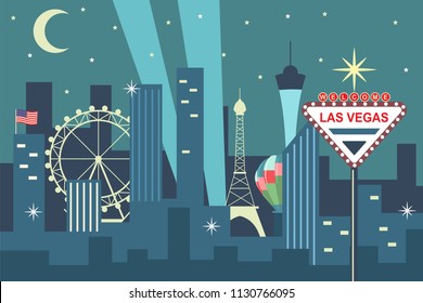 Night Las Vegas skyline with city landmarks and sign welcome. Vector cartoon flat illustration isolated on white background.