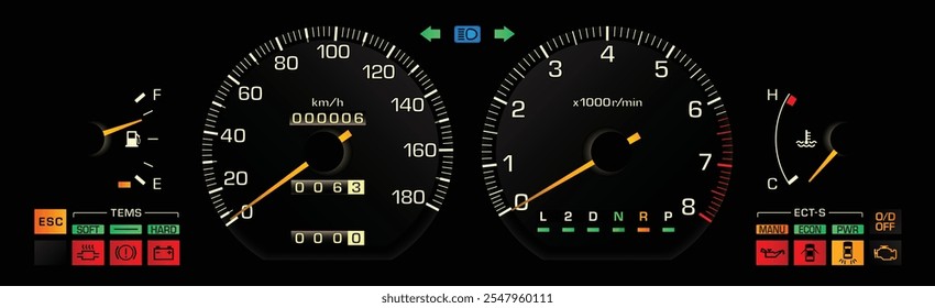 Night late 80s Japanese midsize sedan with electronic fuel injection engine dashboard in automatic gearbox specs with taillamp failure indicator and electronic suspension illustration vector.