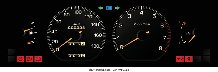 Night late 80s Japanese midsize sedan with carburetor engine dashboard in manual gearbox lock without tachometer and taillamp failure sensor indicator illustration vector.