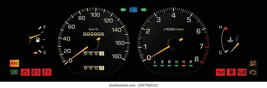 Night late 80s Japanese midsize sedan with electronic gasoline injection engine dashboard in 4wd automatic gearbox included automatic differential lock with stability program illustration vector.