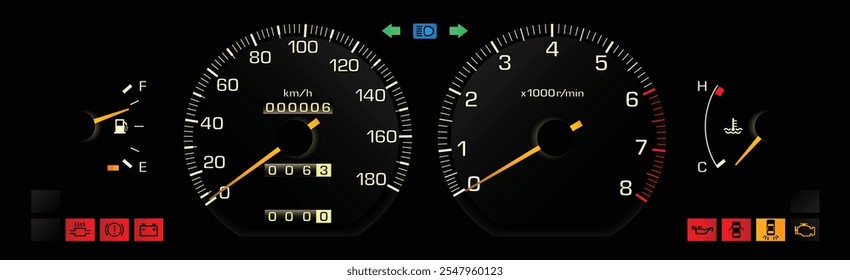 Noite final dos anos 80 sedan japonês de médio porte com painel do motor de injeção de combustível eletrônico em especificações da caixa de engrenagens manual com o vetor de ilustração da função do indicador do sensor de falha da lâmpada.