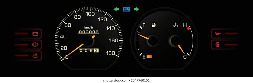 Noite final dos anos 80 sedan japonês médio com painel do motor carburador na caixa de velocidades manual sem vetor de ilustração de tacômetro.