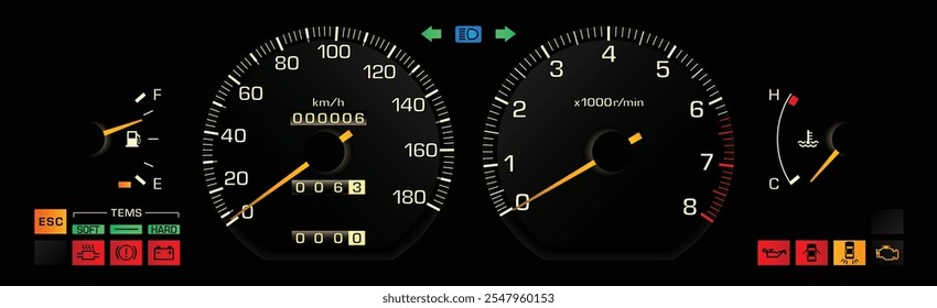 Night late 80s Japanese midsize sedan with electronic fuel injection engine dashboard in manual gearbox specs with taillamp failure indicator and electronic suspension illustration vector.
