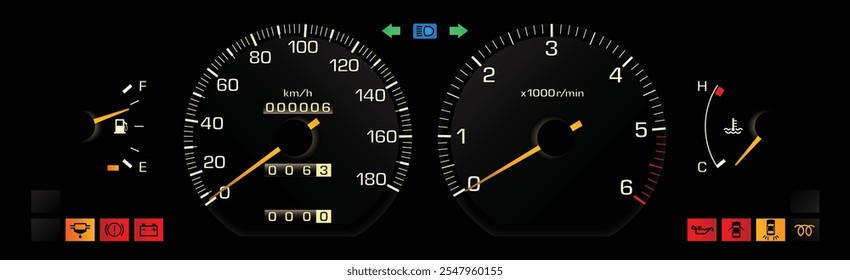 Noite final dos anos 80 sedan japonês de médio porte com painel do motor diesel na caixa de engrenagens manual com taillamp indicador de falha vetor ilustração.