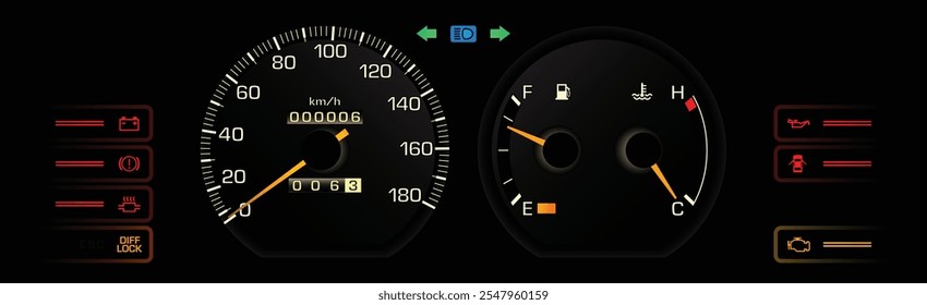 Nacht späten 80er Jahre japanische mittelgroße Limousine mit elektronischem Benzin Einspritzmotor Armaturenbrett in 4wd Schaltgetriebe enthalten elektronische Differenzialsperre ohne Tachometer Illustrationsvektor.