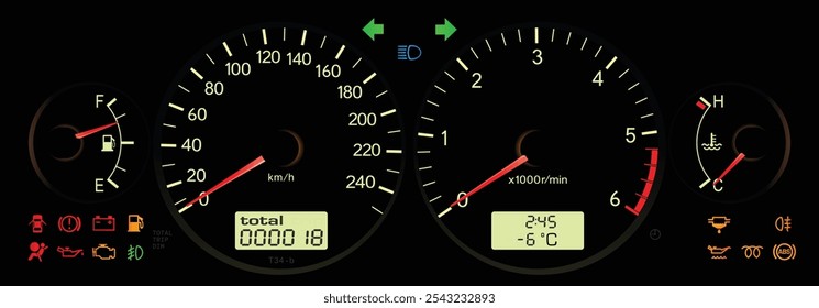 Night late 90s midsize Japanese sedan dashboard in European specs turbo diesel engine with manual gearbox illustration vector includes faded green illumination illustration vector.