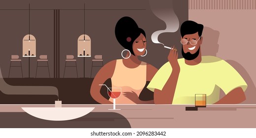 Night Life, A Bearded Guy With Glasses With A Cigarette Is Talking To A Girl At The Bar. Vector Illustration For Landing Page Mockup Or Flat Design Advertising Banner.